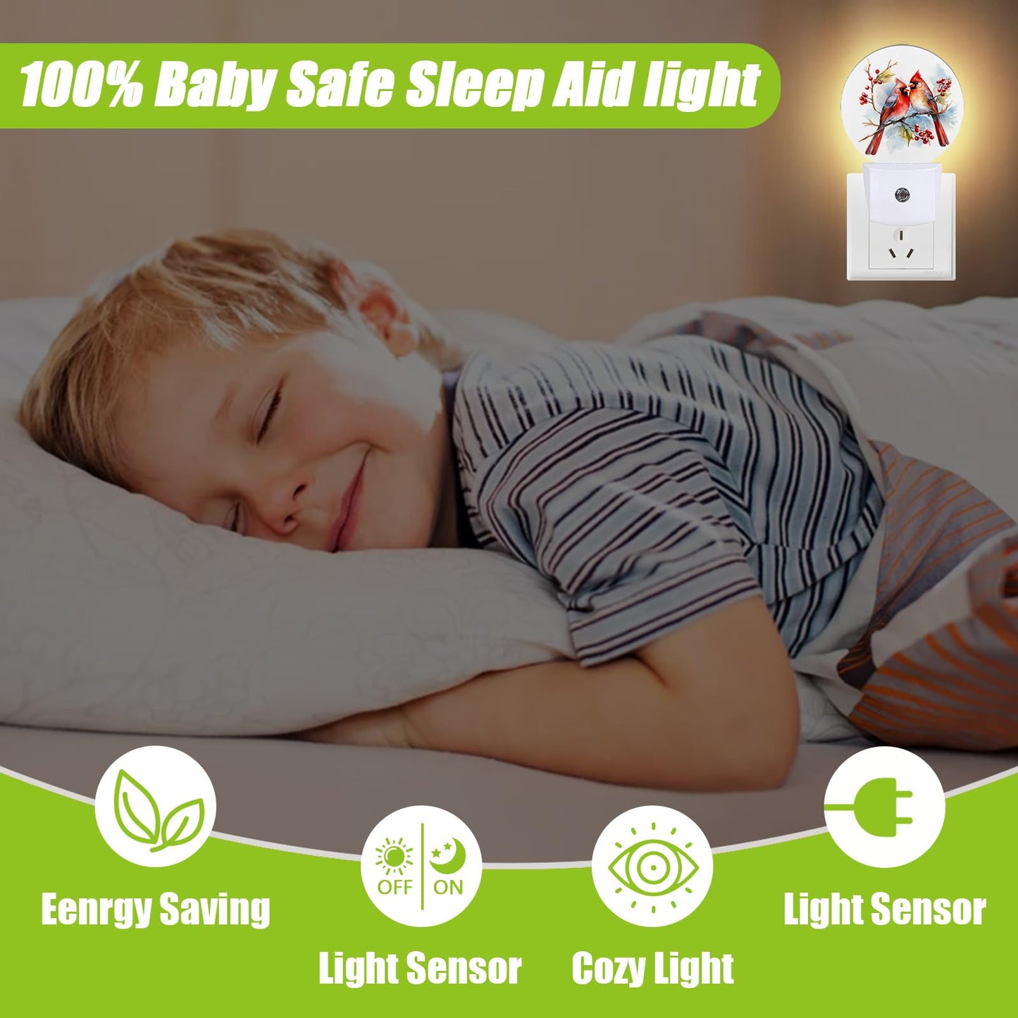 COSHARKLY Red Cardinal Bird Night Light,Christmas Plug-in Night Lights with Dusk-to-Dawn Sensor for Bedroom Bathroom and Living Room Sleep Friendly lamp