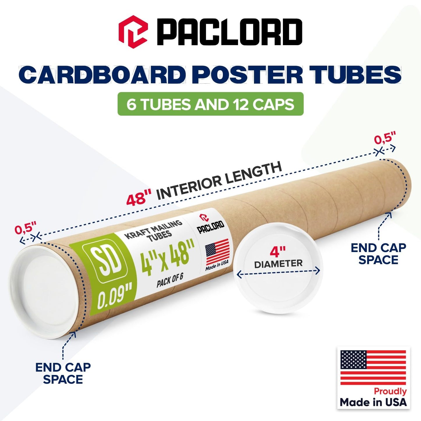 4" x 48" Reinforced Kraft Paper Mailing Tube, Pack of 6 Tubes with 12 Caps – Secure USPS Approved Poster Tube – Made in USA Cardboard Tube for Shipping and Storing Posters, Prints, Artwork