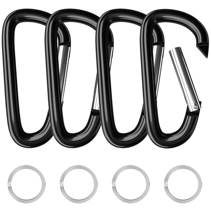 sprookber 4" Heavy Duty Aluminum Carabiners, Large D-Ring Clips, Spring Snap Hooks for Camping, Hiking, Keychain, Dog Leash (Set of 4, Black)