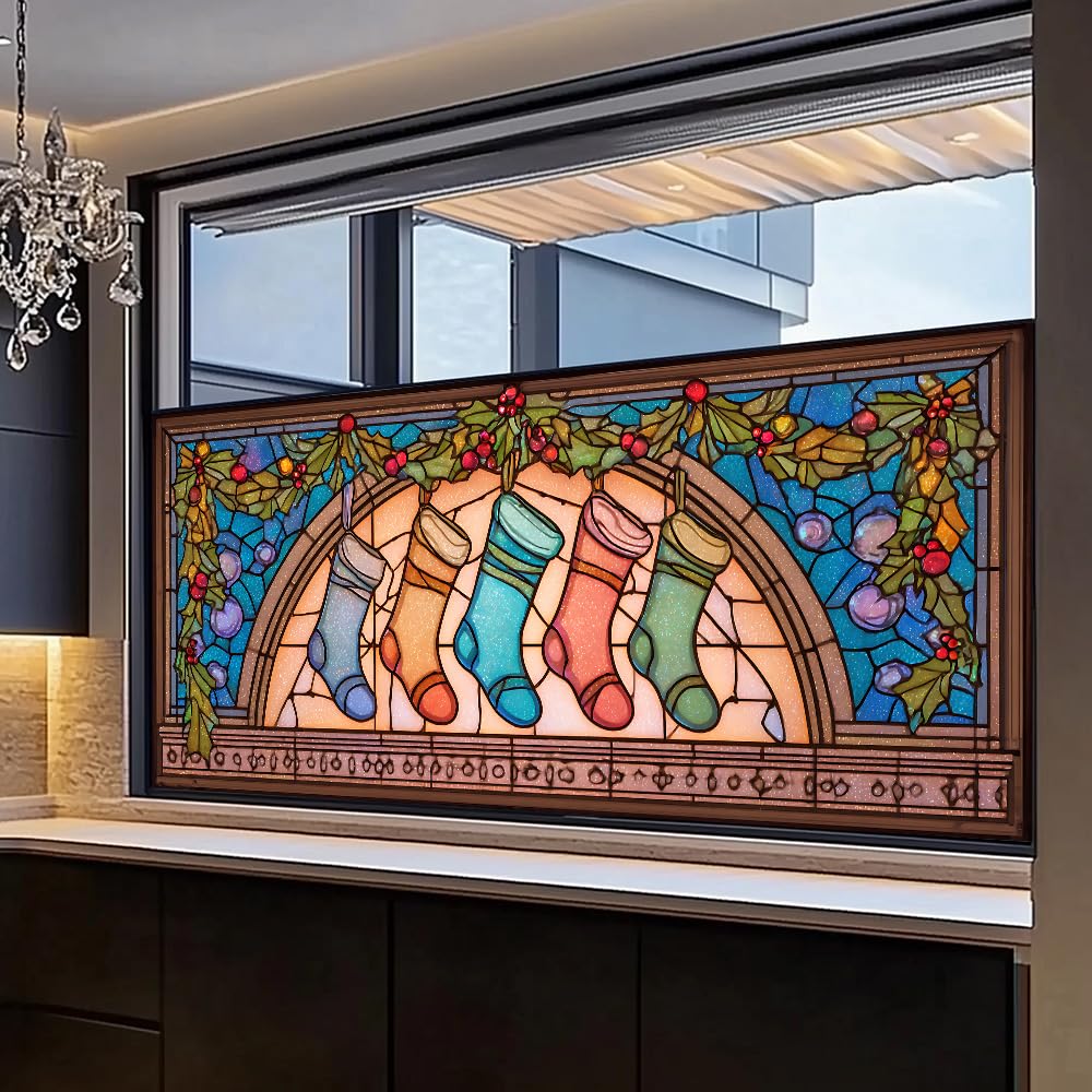 WDESYADMS Window Privacy Film 39x17 Inch Christmas Stockings Stained Glass Design Peel and Stick Static Cling Decorative Window Film for Holiday Living Room Bedroom Glass Door