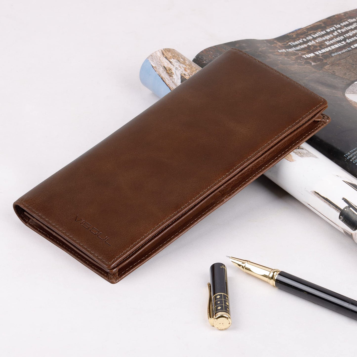VISOUL Leather Checkbook Cover Wallet for Men with RFID Blocking, Mens Long Bifold Cash Tall Wallet with 11 Credit Card Slots 1 ID Window (Brown)
