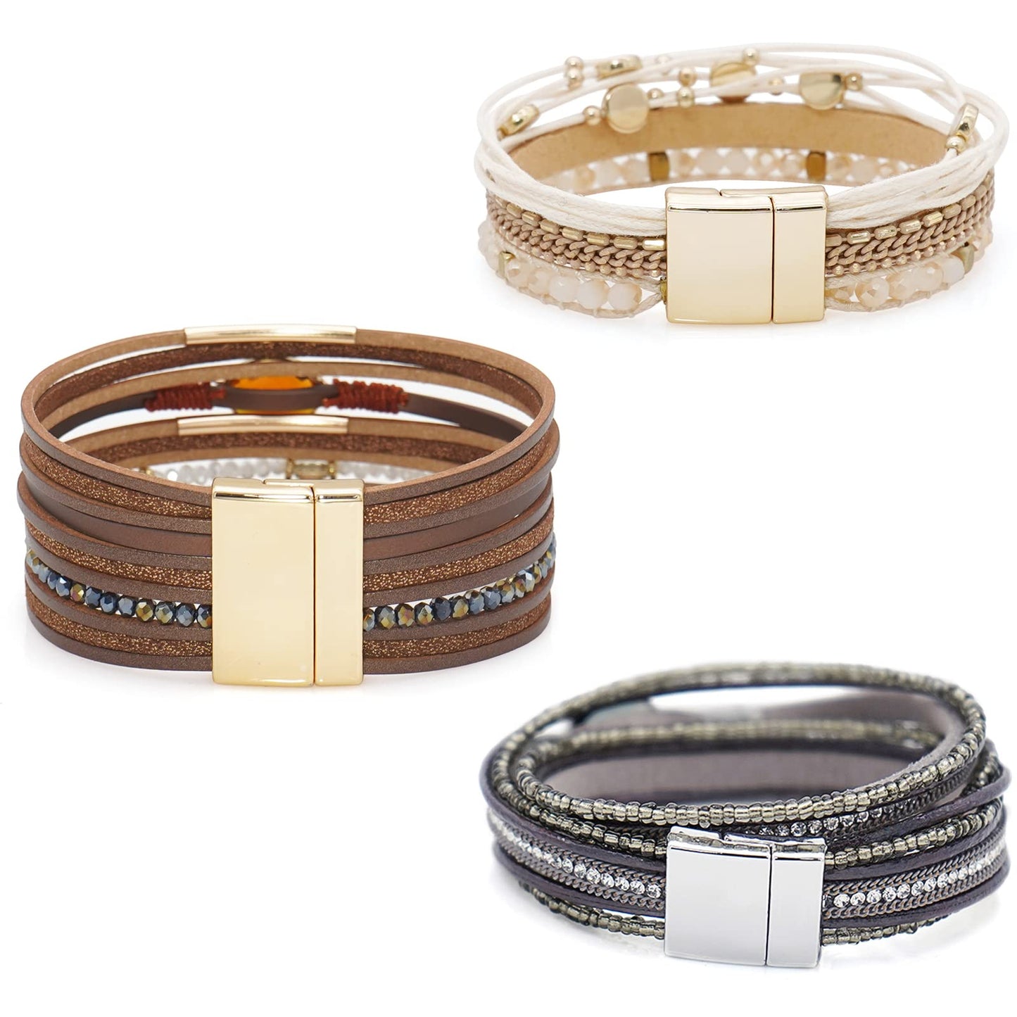 Wovanoo Leather Wrap Bracelet Set 3Pack Leather Cuff Bracelet for Women Multilayer Magnetic Clasp Bracelet Three Crystal