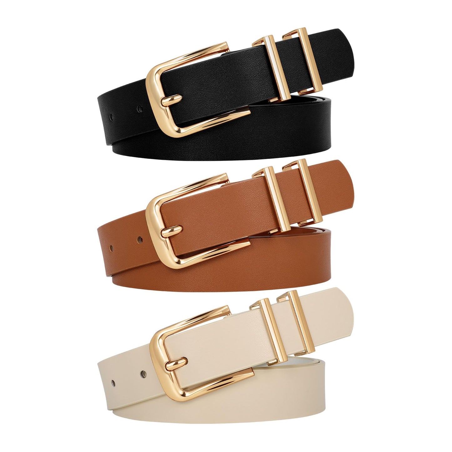 WERFORU 3 PACK Women Belt Women Fashion Leather Belts for Jeans Pants Ladies Belts with Gold Buckle,A-Black+Brown+Beige,Fit Waist Size 37-41 Inches