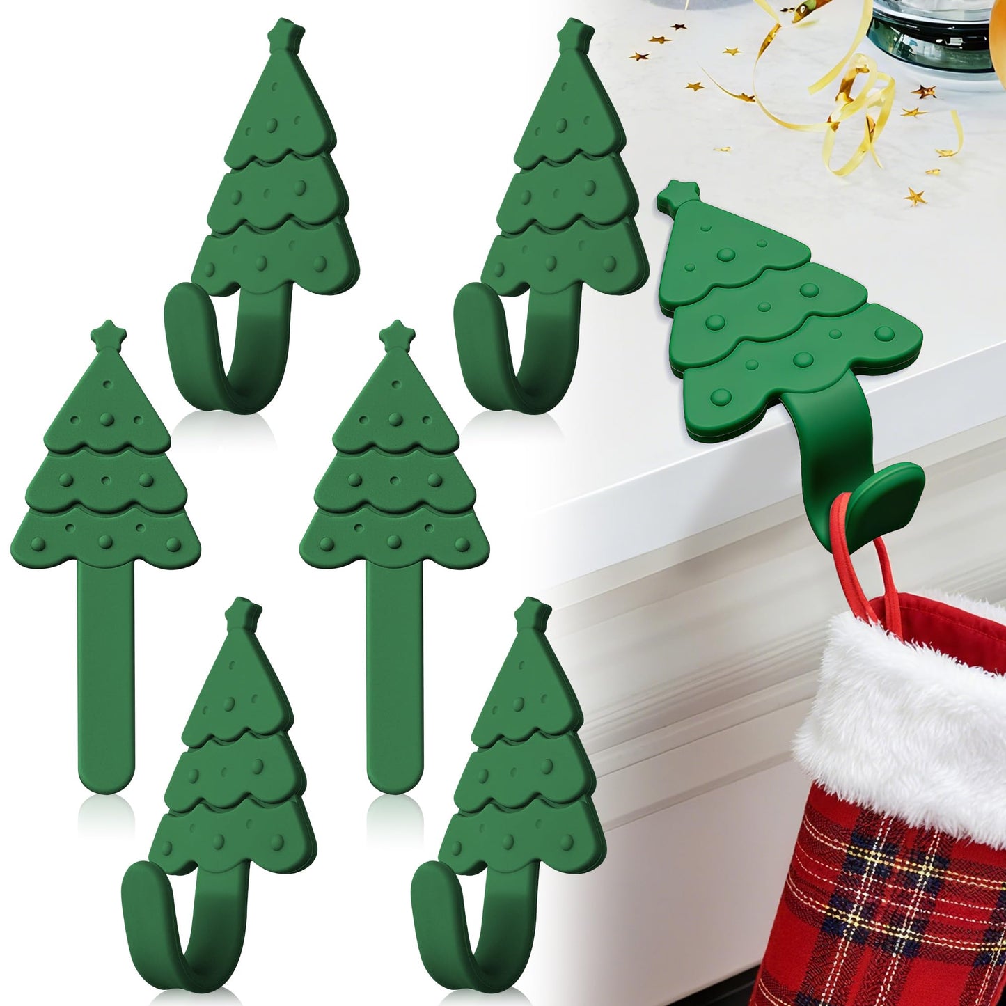Nearockle 6 Pack Christmas Stocking Holders Garland Hangers for Mantle, Freely Bendable Adjustable Silicone Mantle Hangers, Counter Tables Window Fireplace Decoration (Green)