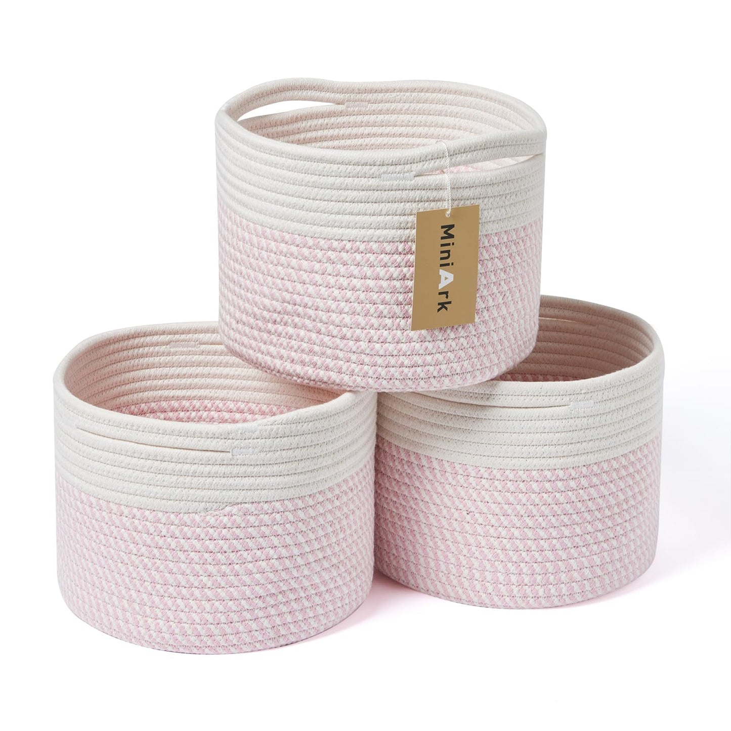 MiniArk Small Basket for Organizing | Cube Shelf Closet Storage Baskets | 9.7×9.7×7.1” | Woven Rope Gift Basket | Nursery | Round 3 Packs Pink