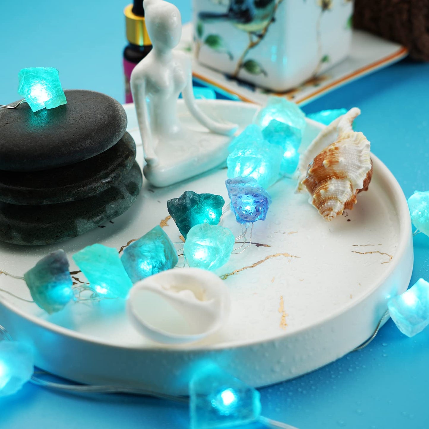 BOHON Natural Fluorite String Lights Battery Operated with Remote Sea Glass Raw Stones Decorative Lights 6.5ft 20 LEDs for Bedroom Party Indoor Christmas Wedding Decor