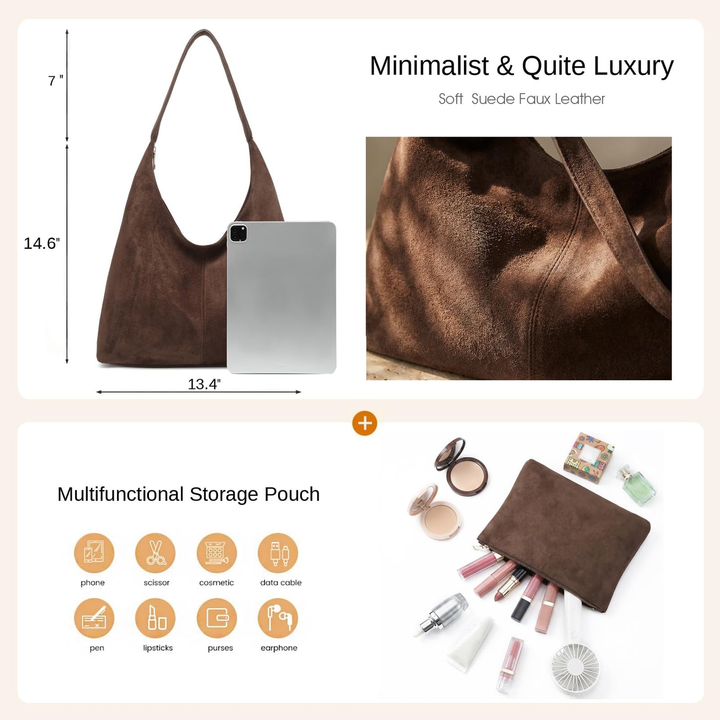 Slouchy Suede Hobo bag for Women Casual Shoulder Bag Soft Cresent Tote Purse Handbag Work Travel