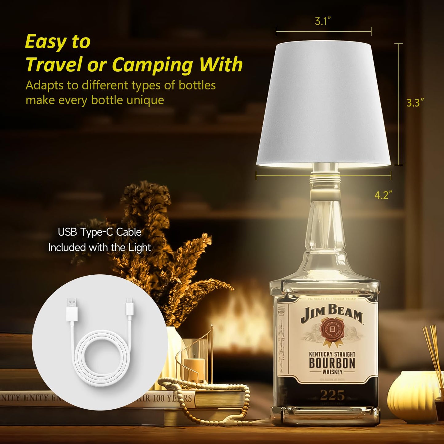 Hoide 2025 New Wireless Bottle Lamp - LED Bottle Lights for Liquor & Wine Bottles, Cordless Lampshade, Whiskey Bottle Top Light, Bottle Stopper Night Light Kit, Rechargeable 3-Tone Touch-Dimmable