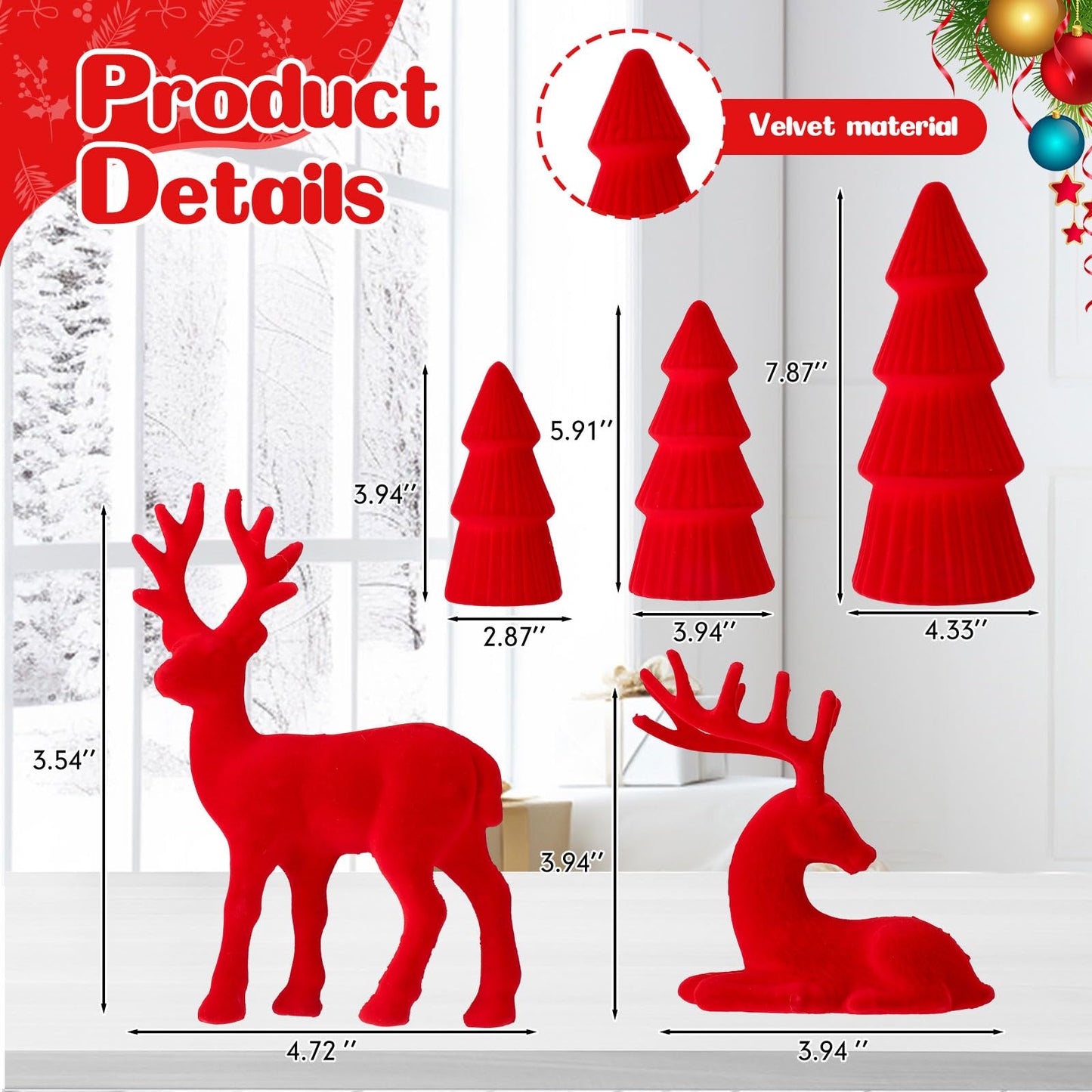 Amyhill 5 Pack Christmas Velvet Reindeer & Tree Decor Christmas Reindeer Decor Tree Figurine for Indoor Home Decoration Tabletop Mantle Cabinet Desktop Office(Red)