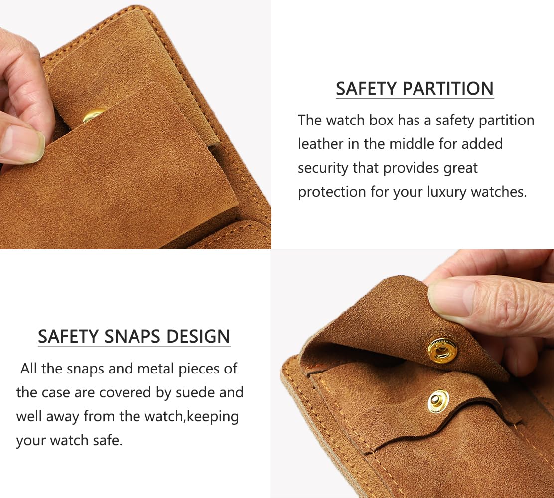 Sight Focus 2 Slots Portable Travel Watch Box Full Leather Double Watch Case Pouch Watch Holder Organizer Storage Jewelry Wristwatch Roll Secure Storage Durable Easy Carry On Coffee