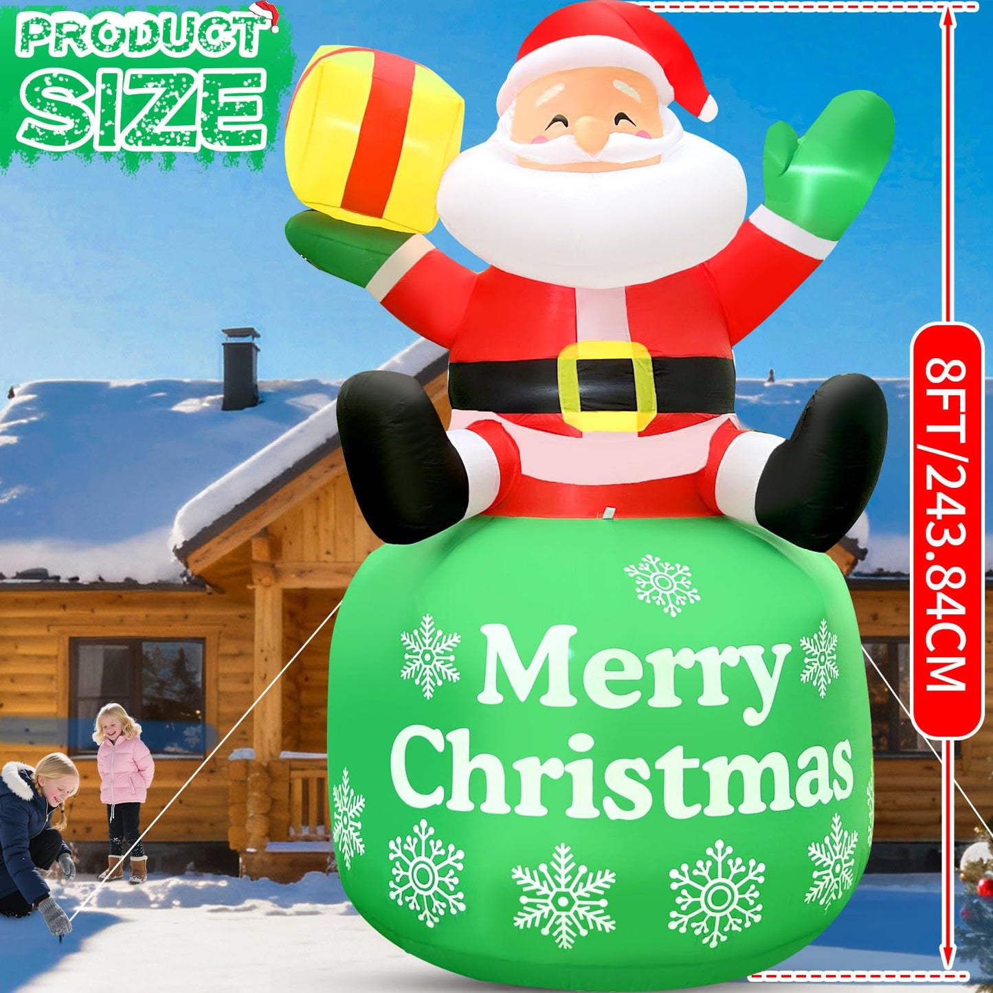 GIGLIM 8FT Christmas Inflatable Santa 8FT Sitting Santa Claus Christmas Inflatables Outdoor Decorations Xmas Santa Blow Up Yard Decor with Built-in 5 LEDs for Yard Garden Lawn(with Storage Bag)