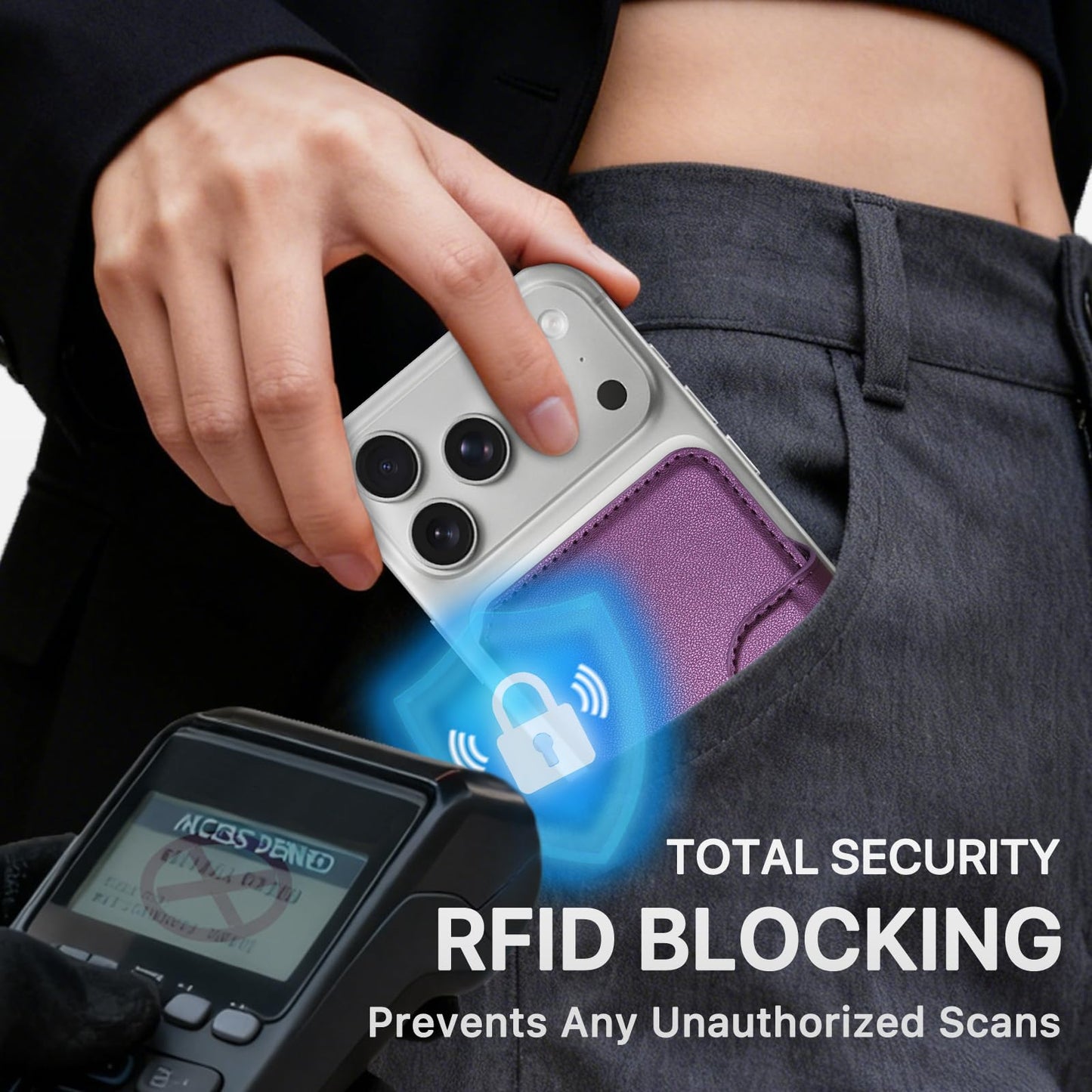MEFON for MagSafe Wallet, Magnetic Phone Wallet RFID Blocking, Slim 5-8 Card Holder with Cash Slot & Clear ID Window, Minimalist Mag Safe Wallets for iPhone 17/16/15/14/13/12 Series, Amethyst Purple