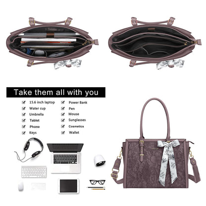 MOSISO Laptop Bag for Women, 17-17.3 inch PU Leather Tote Bag Compatible with MacBook, HP, Dell, Asus Notebook, Front Embossed Retro Hibiscus Computer Bags with Silk Scarf&Clutch Purse, Slate Purple