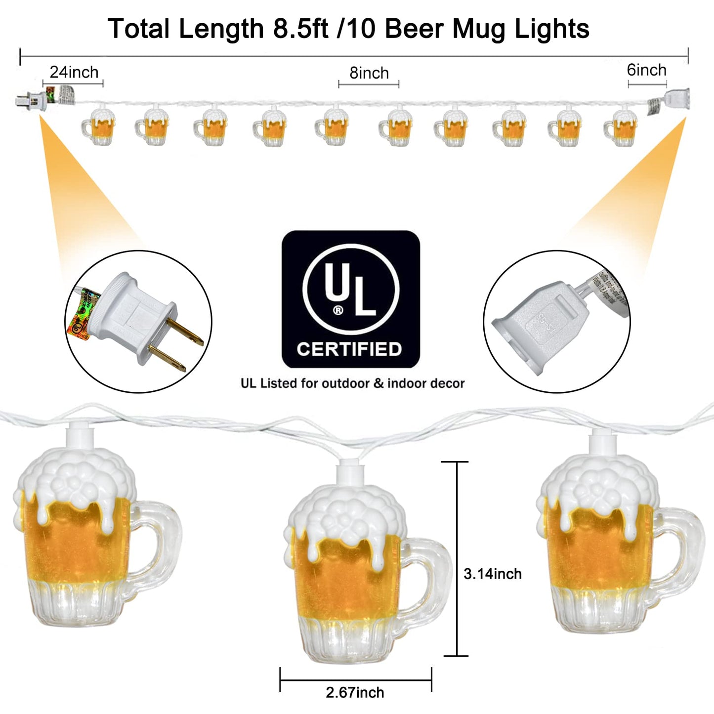 Beer Mug String Lights Celebration Decor Lights, 8.5Ft Outdoor Tropical Lights with 10 3D Beer Cup Lights, Creative String Lights for Summer Themed Bar Party Bedroom Wedding Graduation Club Decor