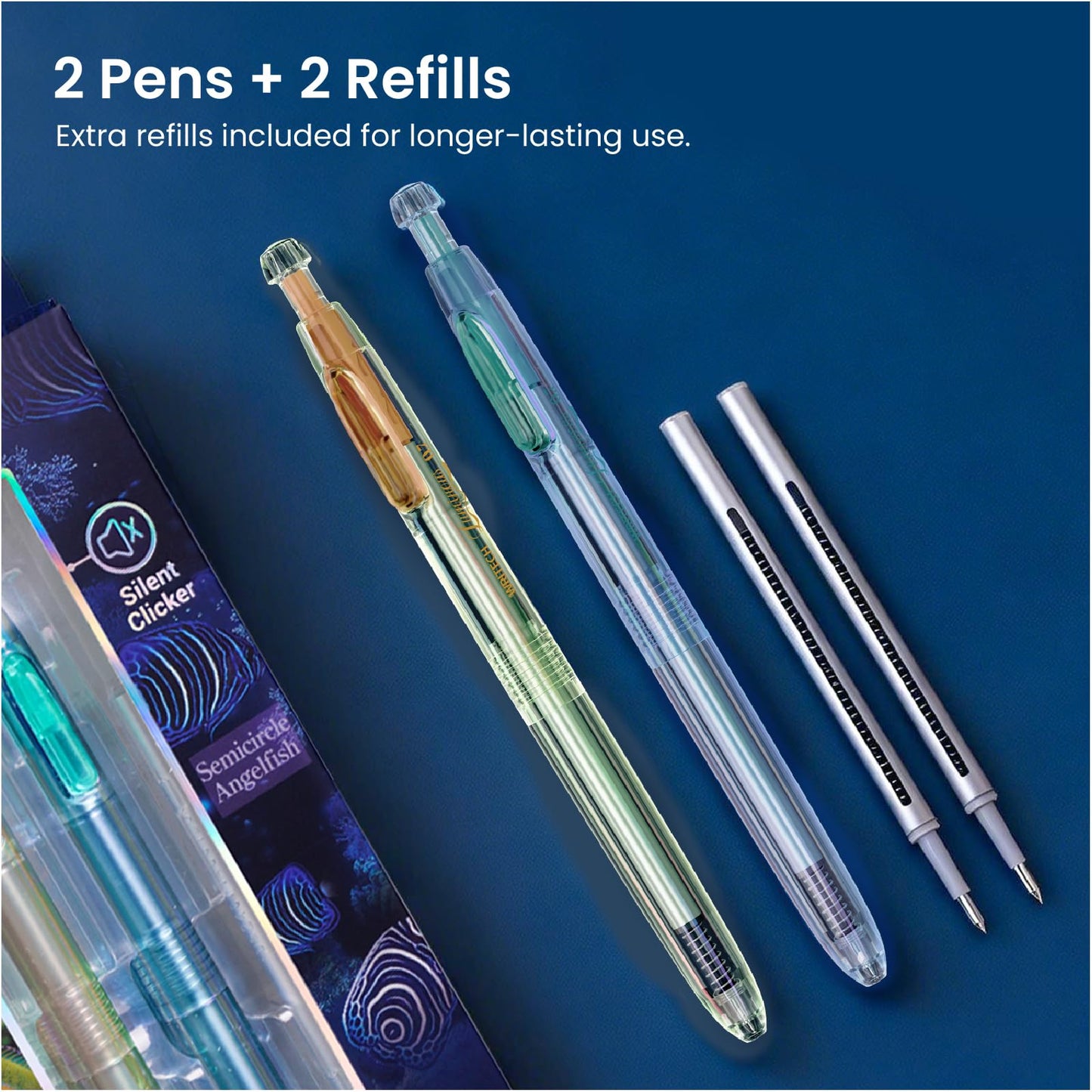 WRITECH Gel Pens Medium Point: Luminous pen set 0.7mm Black Ink Includes 2 Pens and 2 Refills Silent Clicker Smooth Writing for School Office & Everyday Use