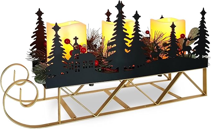 Christmas Sleigh Table Centerpieces Decorations, Xmas Black Cut-Out Tree Sleigh LED Candle Candelabrum with Timer Holiday Candle Holder for Home Party Table Mantel Decoration