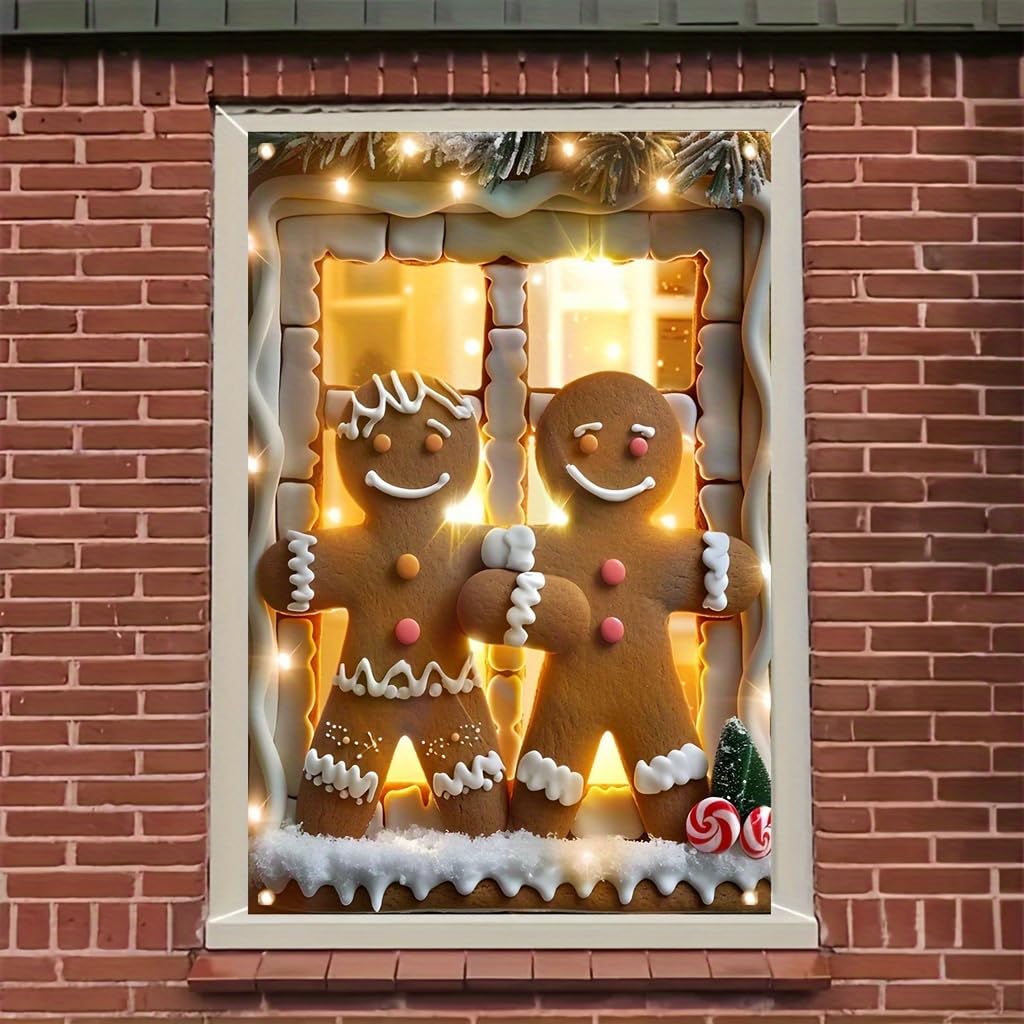 Tomhong Gingerbread Couple Christmas Window Banner 31x47 Inch Holiday Decoration Snowy Scene with Garland for Indoor Outdoor Home Wall or Window Display Cozy Christmas Decor