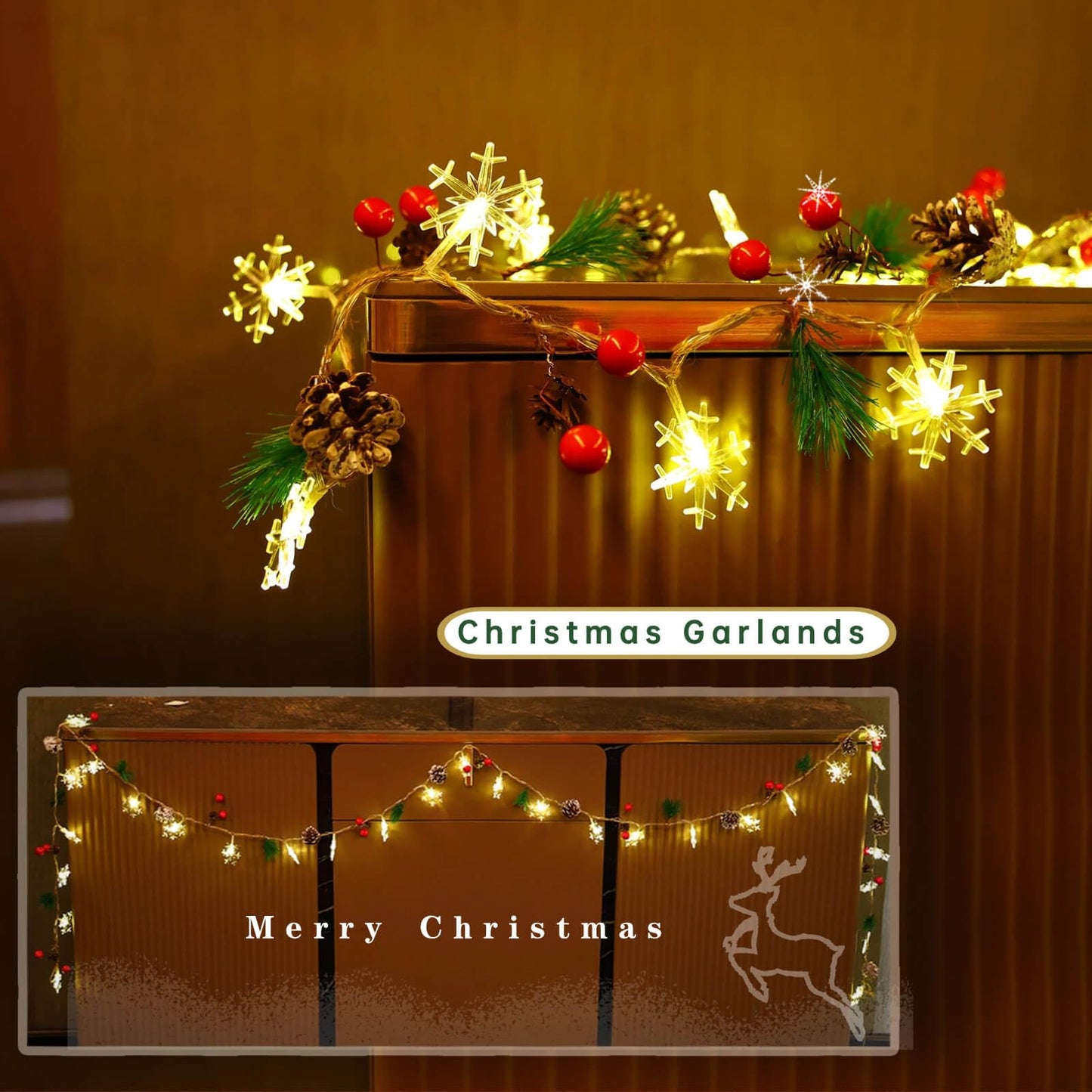 Christmas Garland with Snowflake Lights, 30 Led 10ft Battery Operated 8 Lighting Modes Timer Pine Cones Red Berry Garland Indoor Outdoor Office Decor Xmas String Light Mantle Decorations Warm White