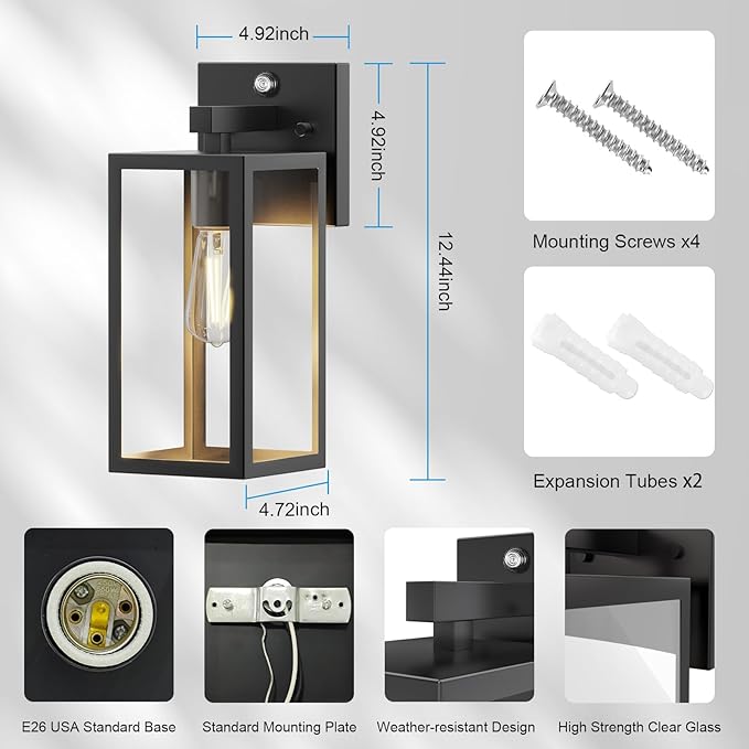Kalium Dusk to Dawn Porch Outdoor Light, Wall Light Fixtures Waterproof Exterior Wall Sconce Light Fixture with E26 Base for Patio Entryway Hallway (Bulb not Included)