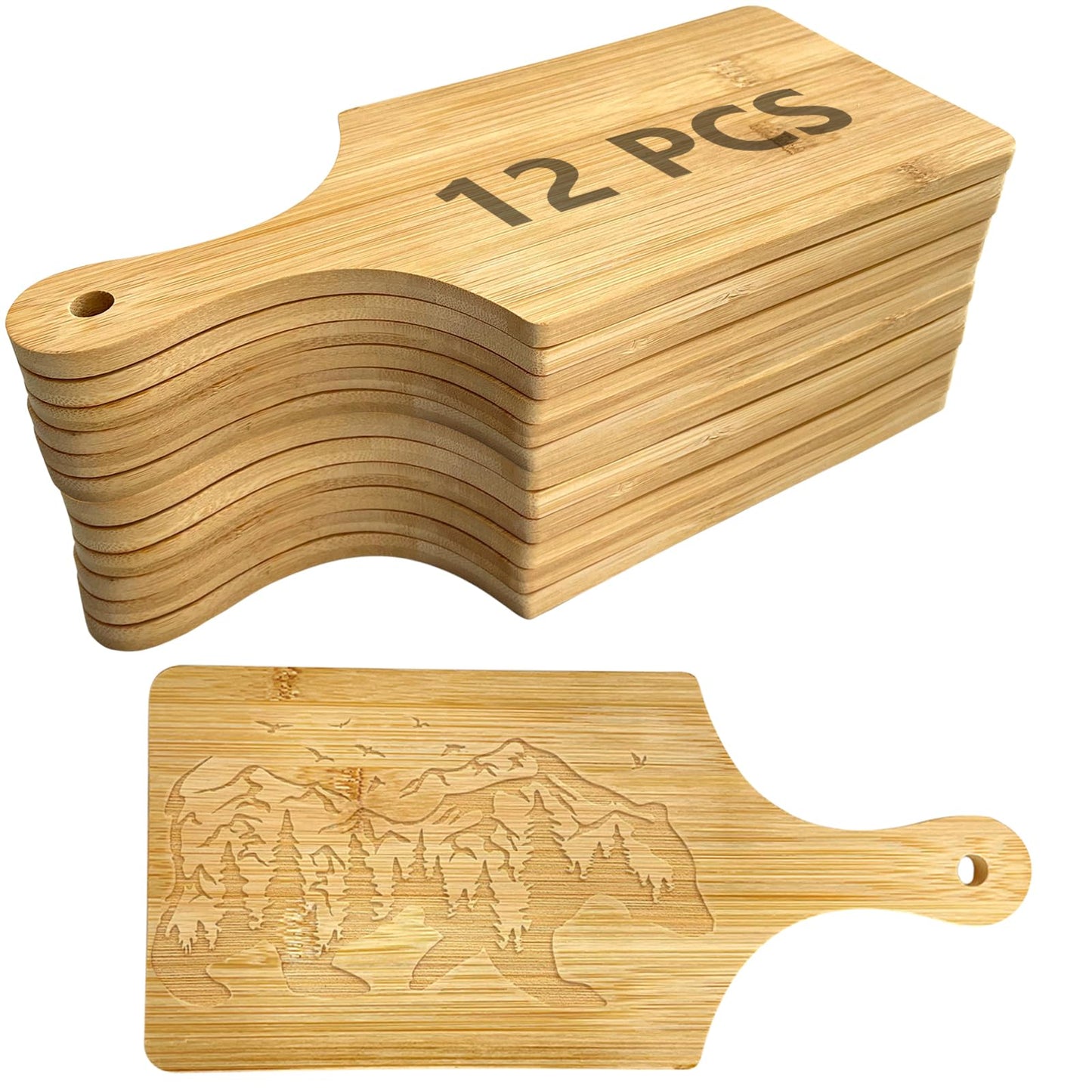 12 PCS 11" x 5" Cutting Board Bulk,Mini Charcuterie Boards,Wood Chopping Board Laser Engraving Serving Board with Handle,DIY Christmas Wedding Housewarming Gift Cooking Decor