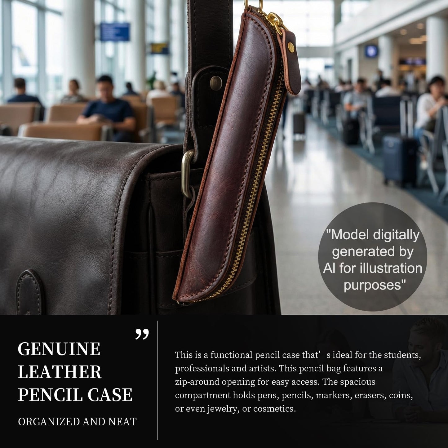Gexmil Genuine Leather Pen Case, Full Grain Leather Mini Pencil Holder, Hand-made Stationery Bag for Work & Office, Vintage Style, Vegetable Tanned Leather