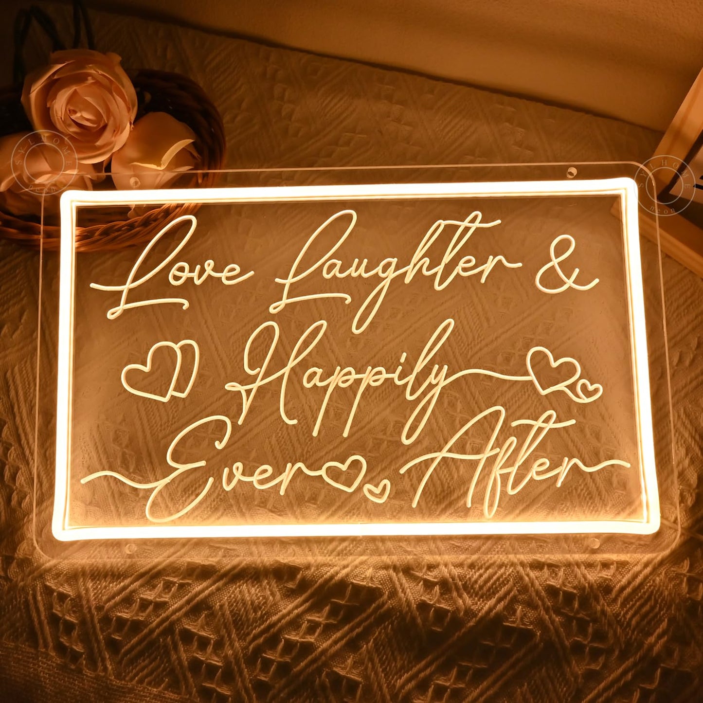 SYLHOME Led Neon Light Sign Love Laughter Happily Ever After Wedding Backdrop Home Bedroom Living Room Wall Sign Decor Birthday Christmas Party 15.75" X 9.84" USB