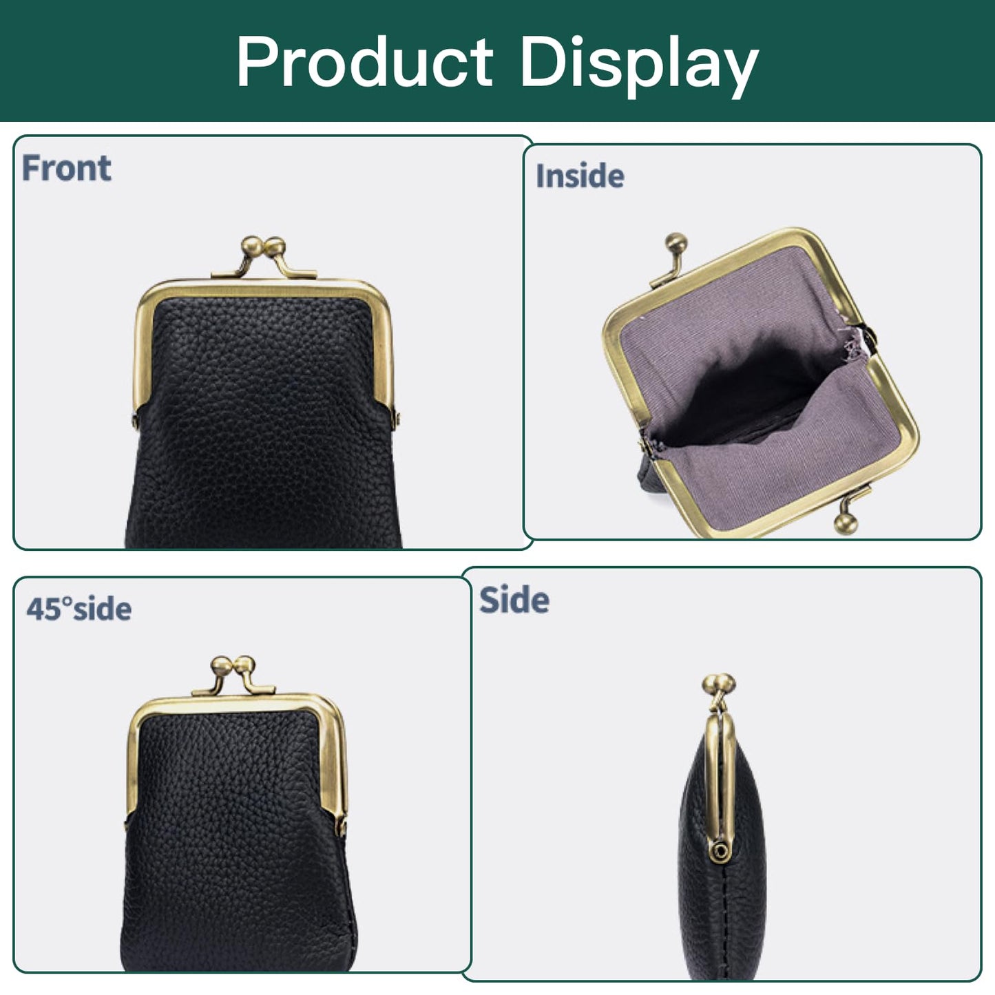 Genuine Leather Kiss Lock Coin Purse, Mini Wallet with Metal Clasp Frame, Small Change Holder, Gift for Women Men, Black