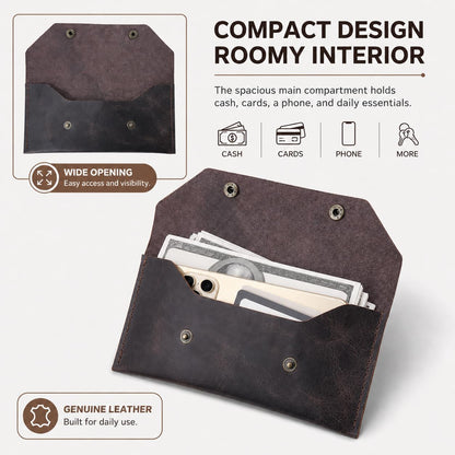 ZEMARS Genuine Leather Cash Envelope Wallet, Two Snap Money Pouch for Men and Women, Reusable Budget Envelope Wallet, Slim Organizer for Cash, Cards, Receipts, Checks and Keys (Dark Brown)