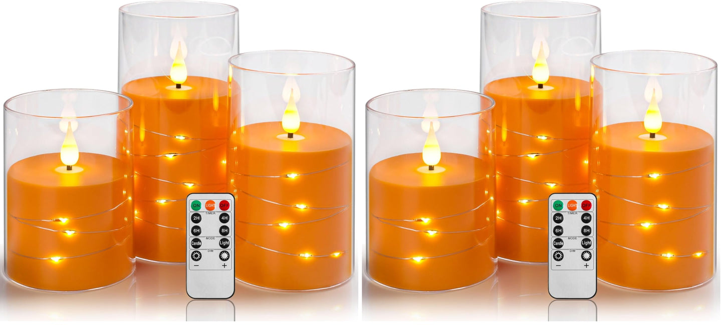 Da by Flickering Flameless Candles with Remote,Acrylic LED Candles with Embedded Star String,Battery Operated Candle, for Home and Holiday Decoration Set of 3（Orange） (Pack of 2)