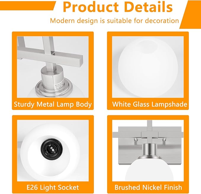 Modern Vanity Lighting Fixtures,3-Light Bathroom Lighting Fixtures Over Mirror，Brushed Nickel Wall Mounted Bathroom Vintage Lamp with Milky White Glass Lampshade for Living Room，Bedroom