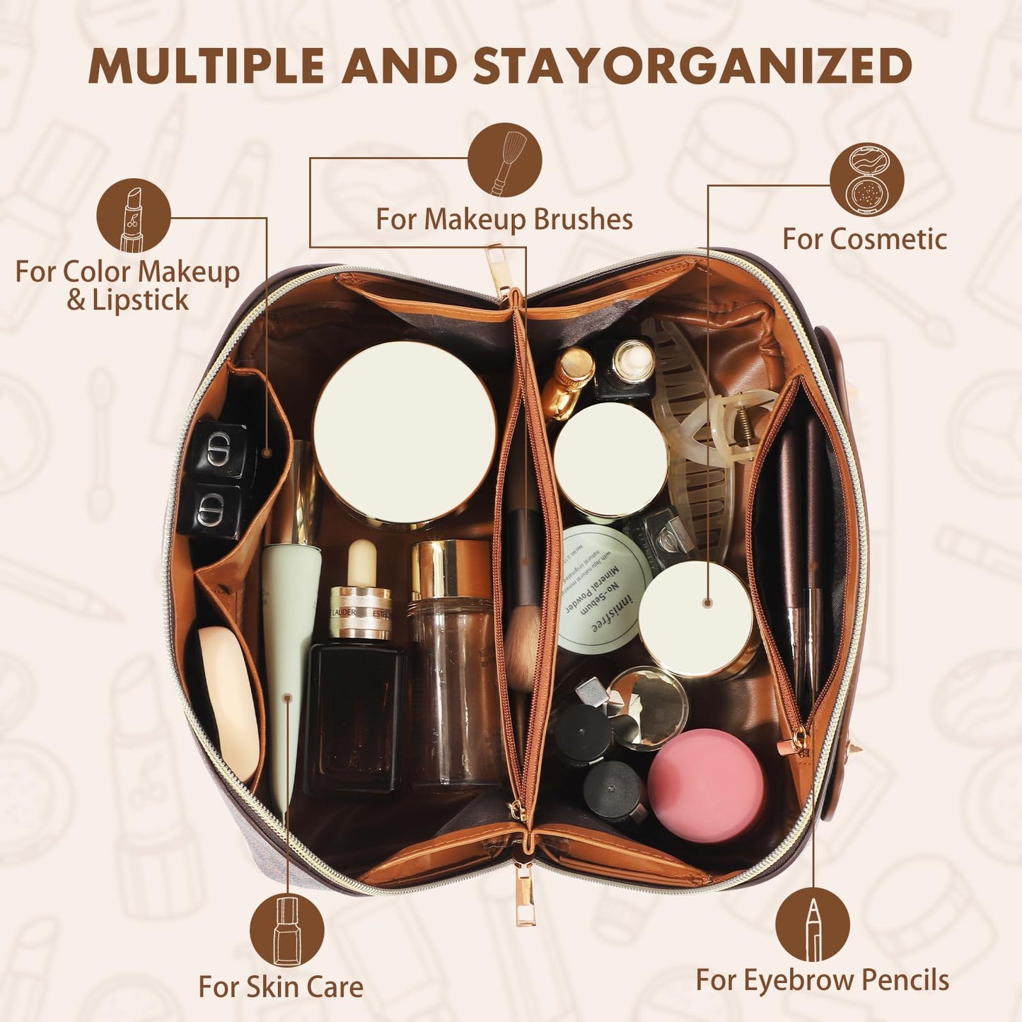 BAYANKALA Leather Travel Makeup Bag, Large Capacity Cosmetic Bag for Women, Waterproof Portable Pouch with Divider, Toiletry Organizer with Handle, 10.5x5x5 Inches, Deep Brown