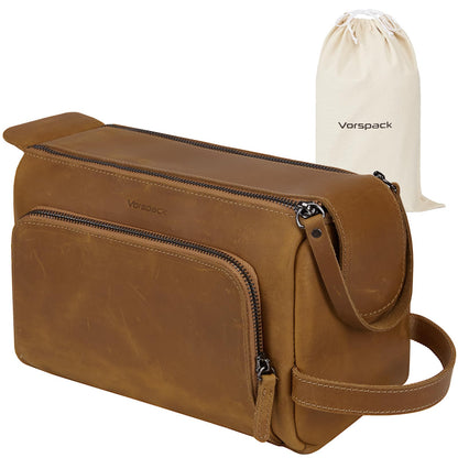 Vorspack Genuine Leather Toiletry Bag for Men - Water Resistant Travel Bag for Toiletries, Essentials, Accessories - Light Brown
