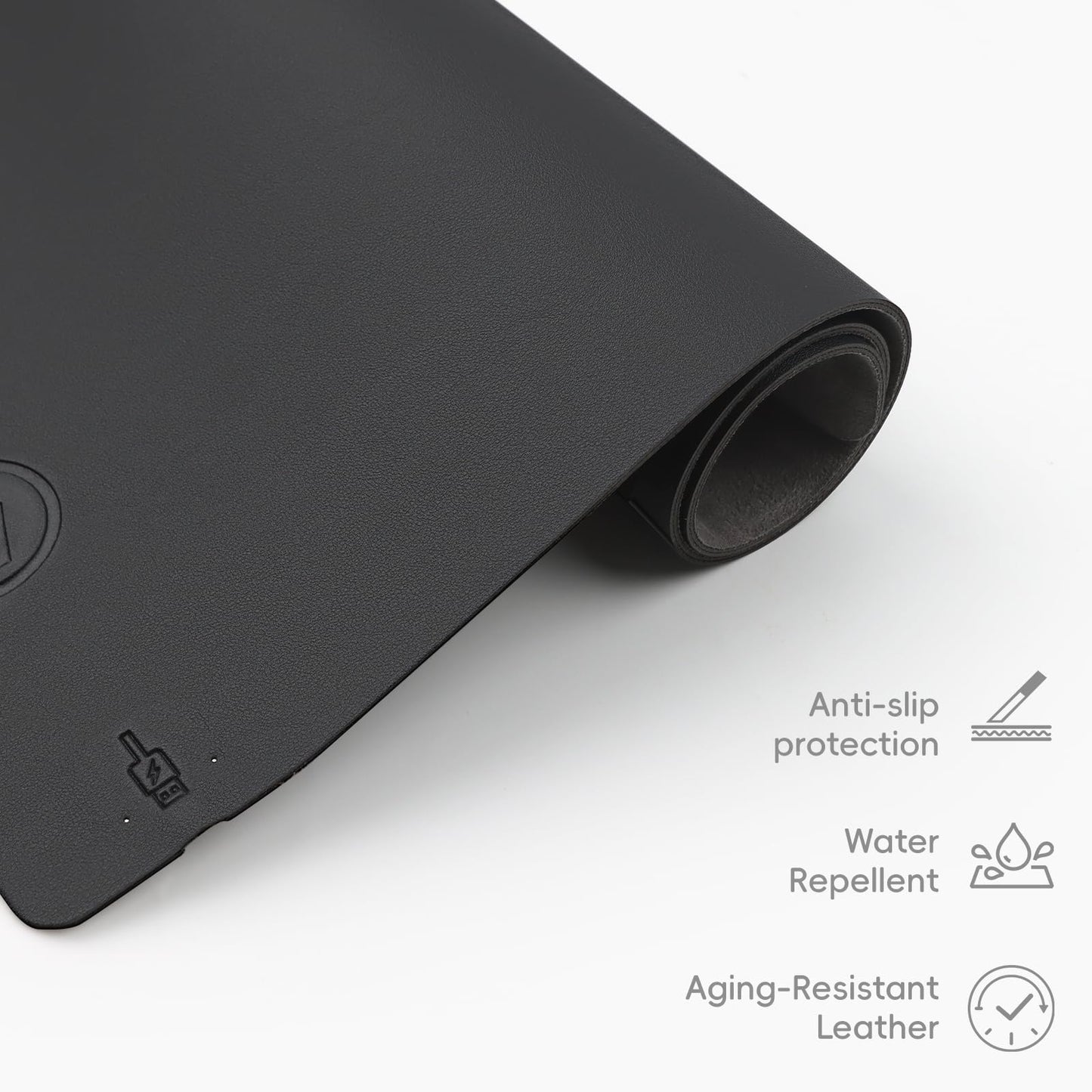 Mouse Pad with Wireless Charging, PU Leather Fast Charging Gaming Mouse Pad, Waterproof Anti-Slip Surface, Easy Clean Office Table Mat, 32L x 16W x 0.15H inches, Black(Right Side Charging Port)