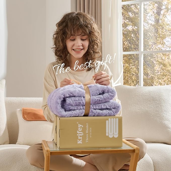 Krifey Faux Fur Throw Blanket for Bed, 3D Marble Texture Soft Throws, Cozy Fuzzy Plush Thick Warm Blanket, Christmas Birthday Gifts for her Girls Women Mom, Light Purple, 60x80in