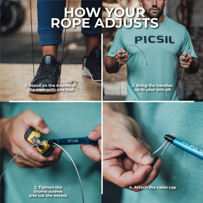 PICSIL Bee Rope - Aluminum Rope The only self-Adjusting Rope in The World, Very Light and Extremely Fast. Speed Rope, Double Dutch Jump Rope Double Unders, Cross Training, Boxing, Fitness (New Black)