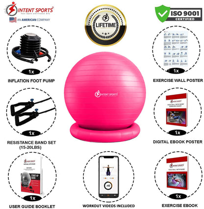 INTENT SPORTS Yoga Ball Chair – Stability Ball with Inflatable Stability Base & Resistance Bands, Fitness Ball for Home Gym, Office, Improves Back Pain, Core, Posture & Balance (65 Cm)