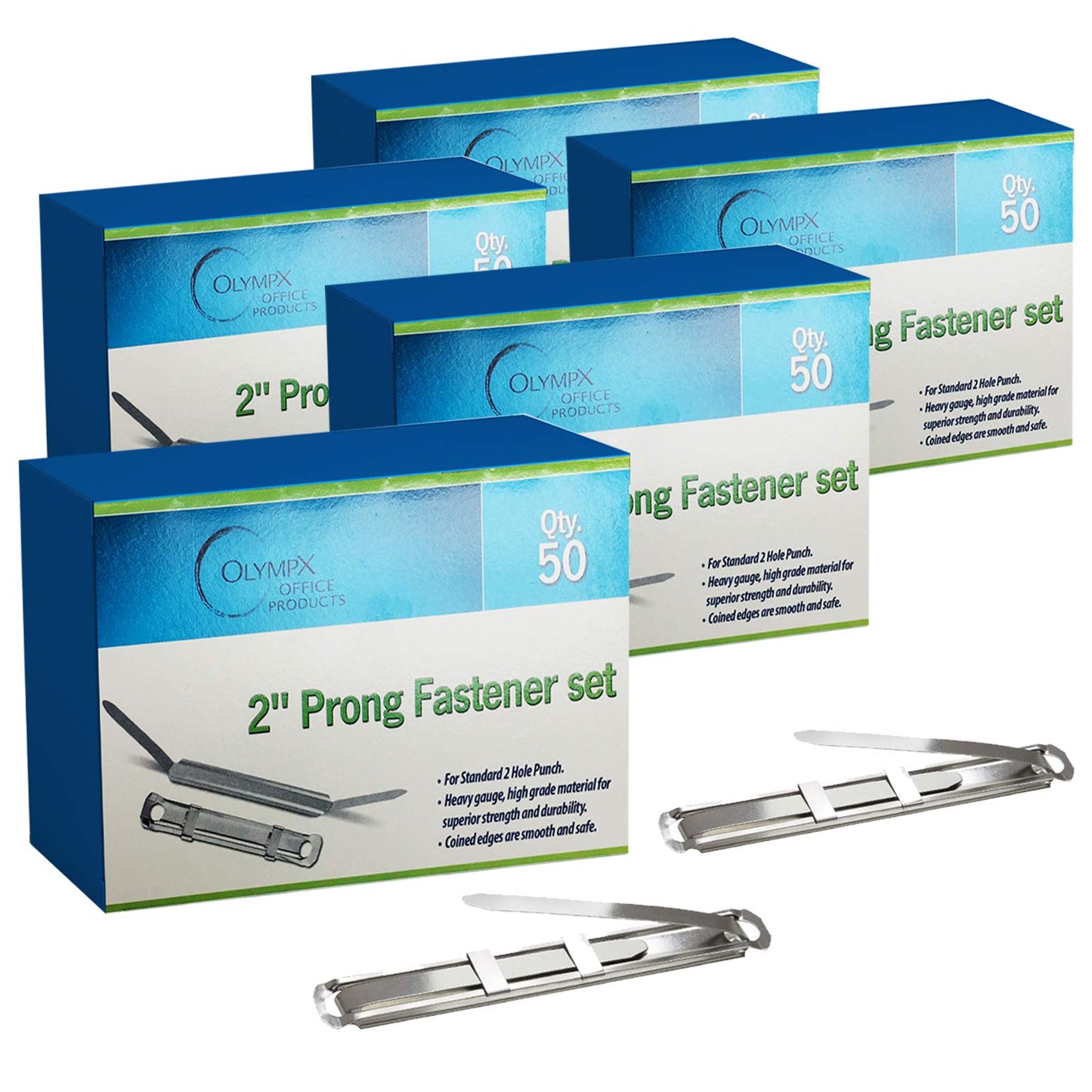 Prong Paper Fasteners 2" Capacity, 250 Pack Premium Metal - OLYMPX Complete Set with Compressor, 2.75" Base for File Folders, 5 Boxes (50 Each), Made in USA
