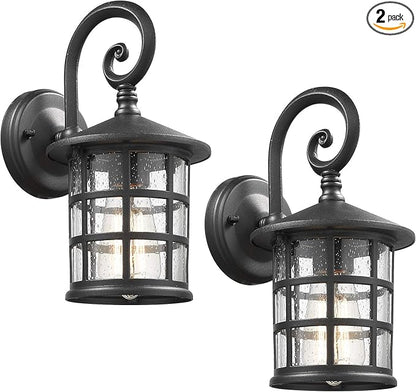 Emliviar Outdoor Porch Lights 2 Pack - Outside Wall Lights for House, Seeded Glass in Black Finish, XE222B-2PK BK