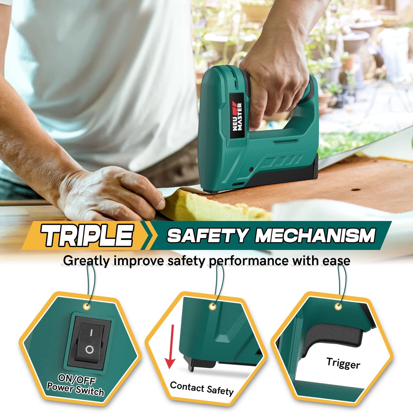 NEU MASTER Electric Staple Gun for Wood - Cordless Stapler Gun with T50 Staples, USB Charger, Heavy Duty Satple Gun for Upholstering, Crafts, DIY, Carpentry, Material Repair