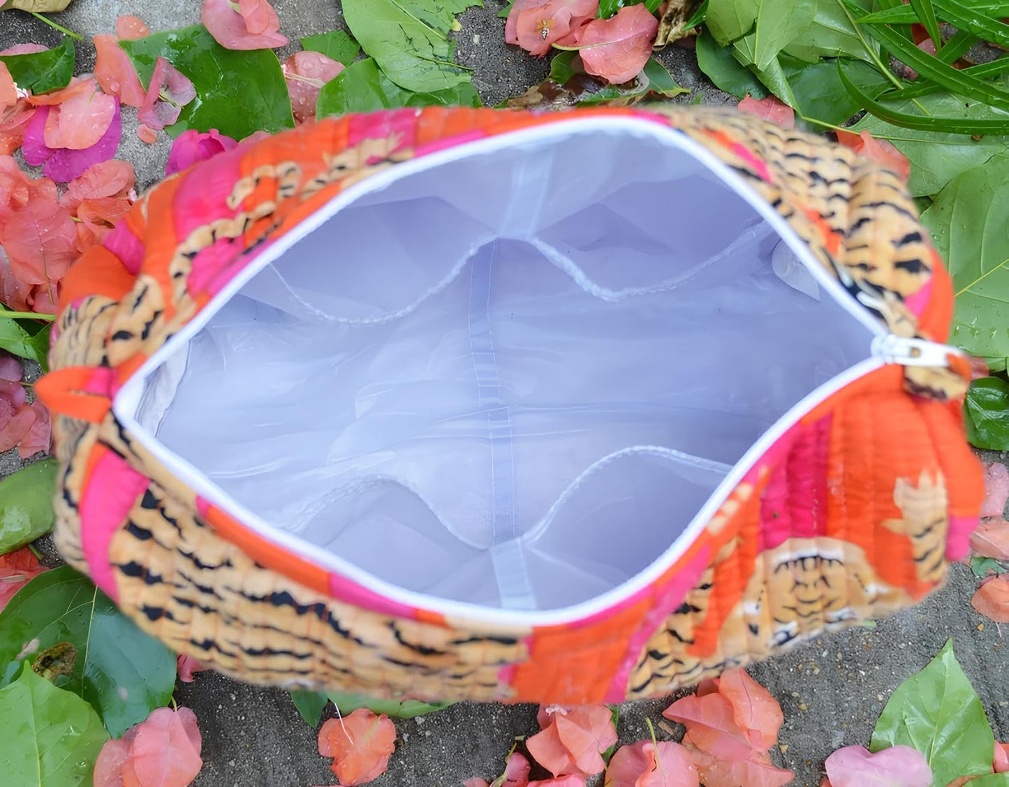 INDACORIFY Tiger Print Makeup Bag Set of 3 Pieces Indian Cotton Toiletry Bag Make up Pouch Travel Bag Quilted Wash Bag Shaving Cotton Cosmetic Kit