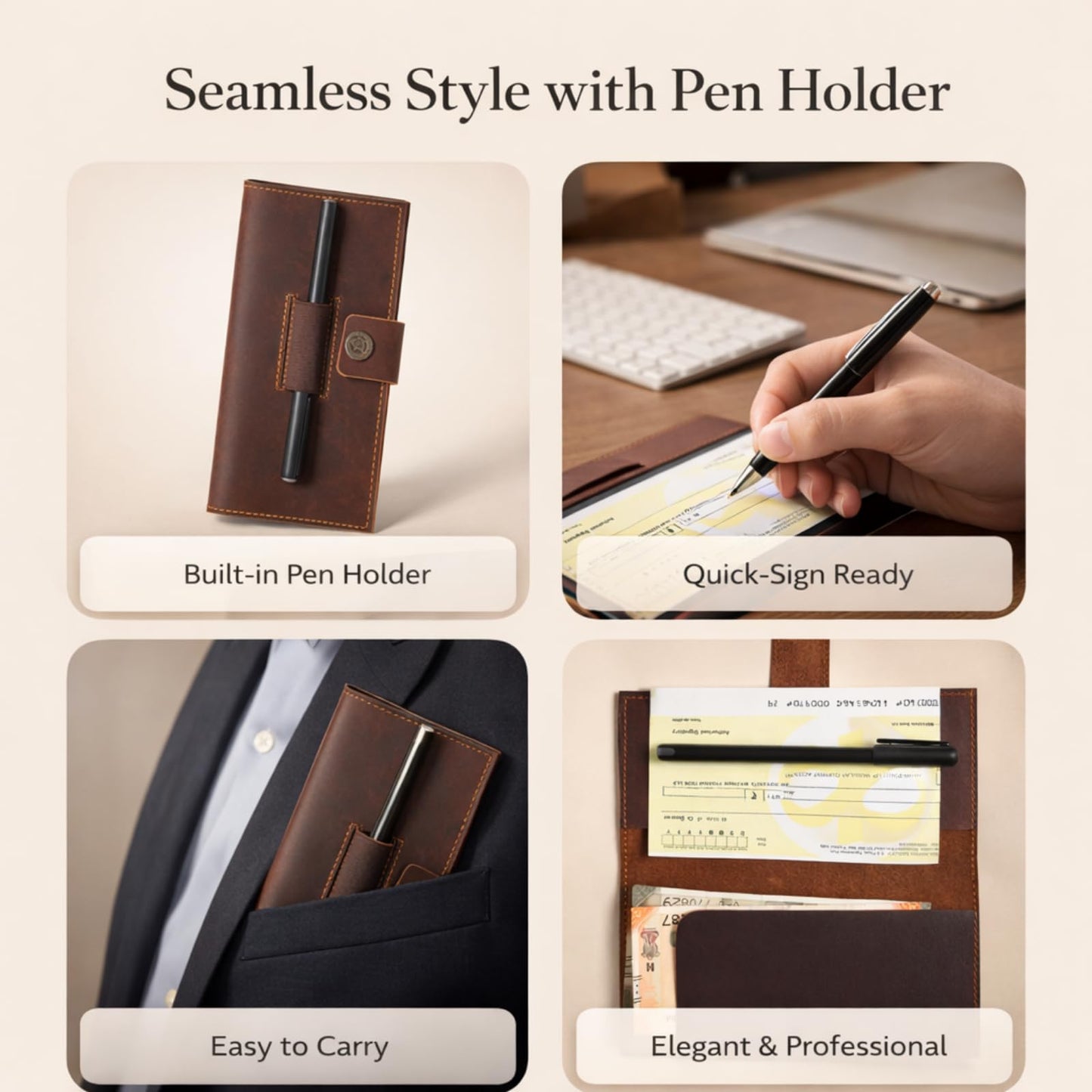 Brown Leather Checkbook Cover for Men & Women, Full Grain Check Book Wallet with Pen Holder, Fits Personal & Duplicate Checks, Slim Money Organizer Case, Durable Leather Checkbook Holder 7x3.75 Inches