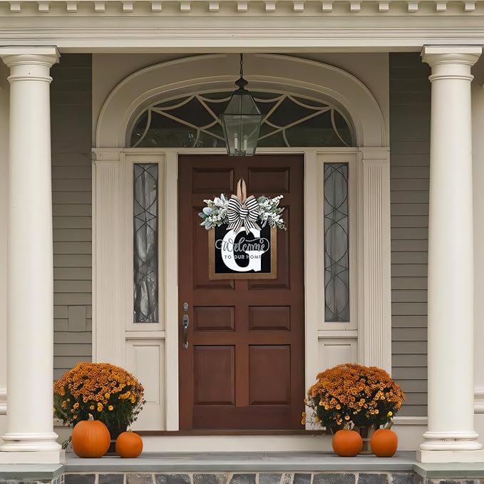 Ultra Large 14'' Last Name All Year Round Front Door Wreath with 26 Initial Letter Welcome Sign All Seasons Eucalyptus Garland and Bow Wreaths for Front Door Porch Farmhouse Decoration (G)