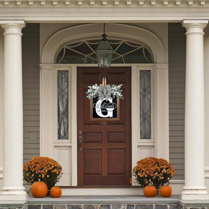 Ultra Large 14'' Last Name All Year Round Front Door Wreath with 26 Initial Letter Welcome Sign All Seasons Eucalyptus Garland and Bow Wreaths for Front Door Porch Farmhouse Decoration (G)