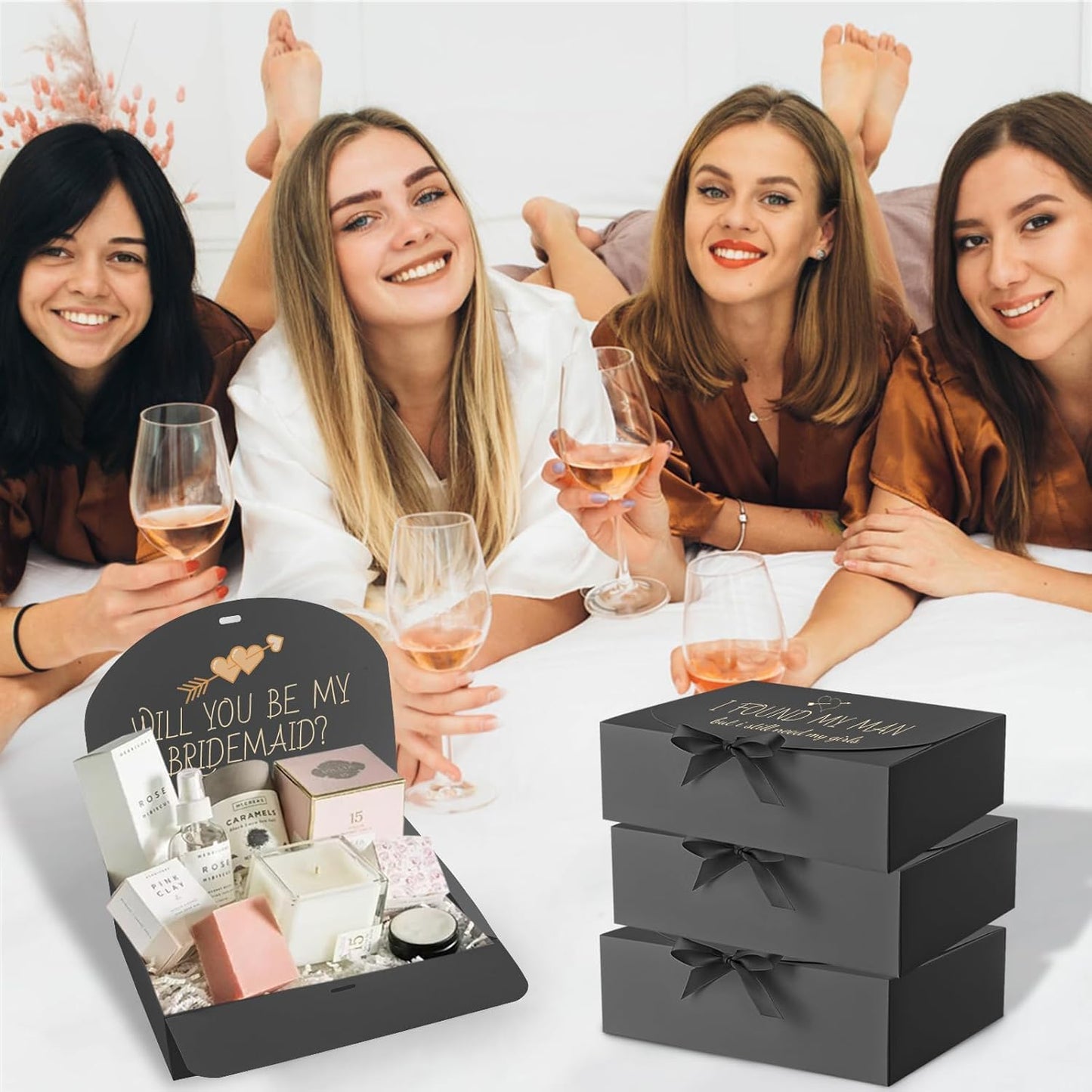 Ocmoiy 12 Pack Gift Boxes with Lids, 10.6x7.8x3.1 Inch Black Paper Gift Box with Ribbon, Bridesmaid Proposal Box for Wedding, Packaging, Baby Shower, Birthday, Christmas, Party, Present Crafting