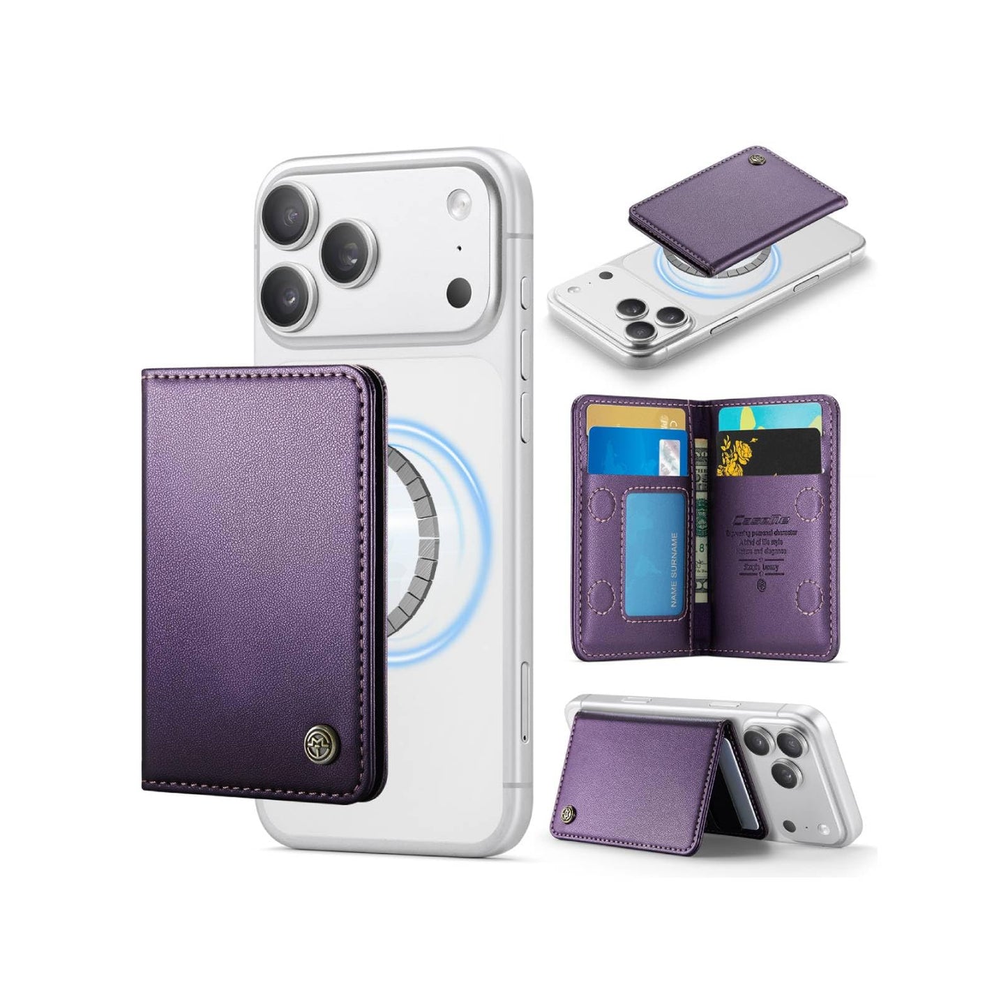 XIMAND Magnetic Wallet Card Holder with RFID Protection, PU Leather Slim Wallet, Strong Magnet Attachment for iPhone 18/17/16/15/14/13/12 Series Pro Max Plus Mini-Purple