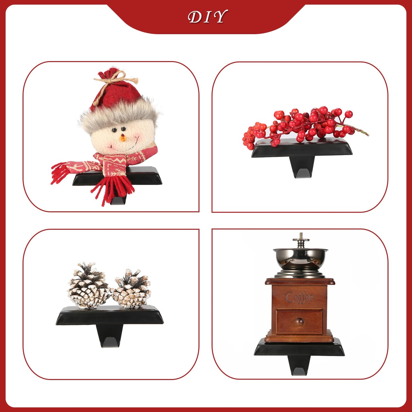 Sunshane 4 Pieces Christmas Stocking Holders Mantel Stocking Hanger Hooks Fireplace Mantle Metal Hang Bases for Xmas Party Decorations (Black)