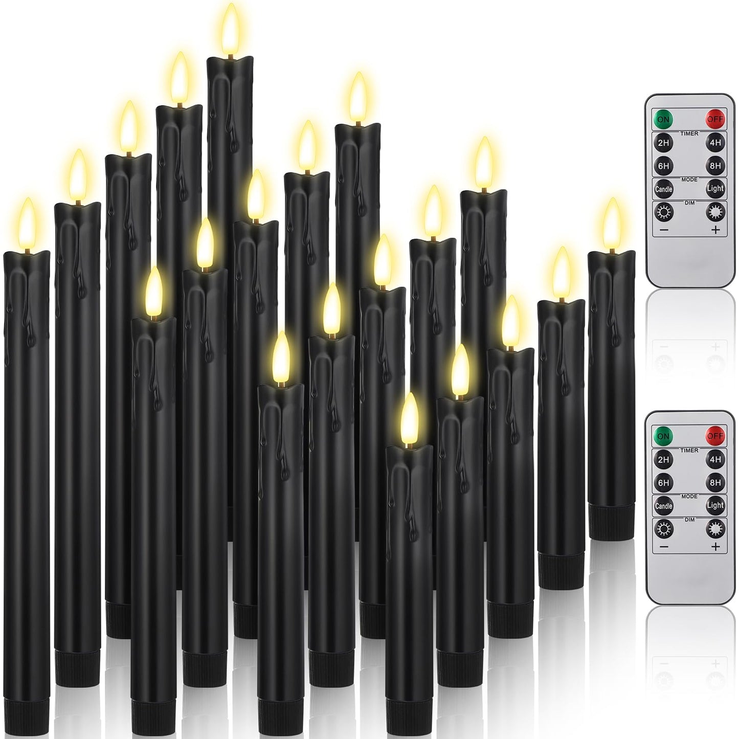 Retisee 20 Pcs Flameless Taper Candles with Timer Remote 6.5" 7.7" 8.9" 10" Plastic LED Candlesticks Battery Operated LED Candles for Indoor Home Wedding Christmas Decoration(Black)