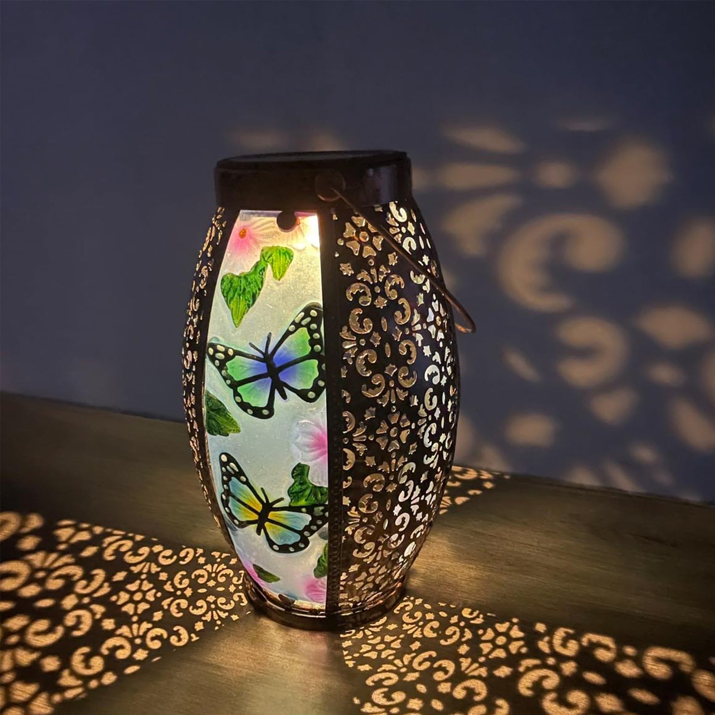 TEYIGARDEN Butterfly Solar Lanterns Glass & Metal Hanging Lantern Outdoor Waterproof 16" H Tabletop Light with Hollowed-Out Design for Garden Patio Table Decor Mother's Day Gift