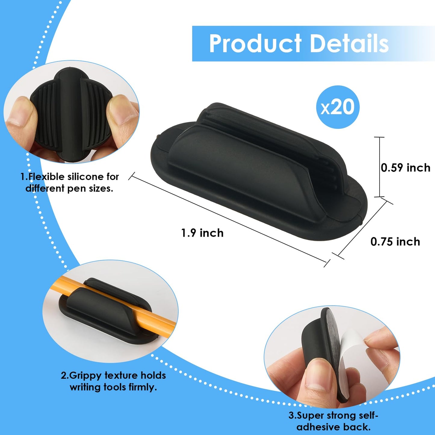 VZZNN 20 PCS Adhesive Pencil Holders, Silicone Marker Organizer for Desk, Notebook, Wall or Clipboard, Reusable Teacher Supplies for Classroom, Office, School Accessories (Black)