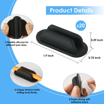 VZZNN 20 PCS Adhesive Pencil Holders, Silicone Marker Organizer for Desk, Notebook, Wall or Clipboard, Reusable Teacher Supplies for Classroom, Office, School Accessories (Black)